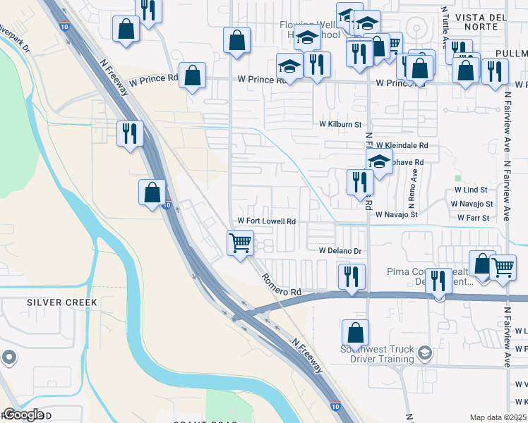 map of restaurants, bars, coffee shops, grocery stores, and more near 1730 West Fort Lowell Road in Tucson