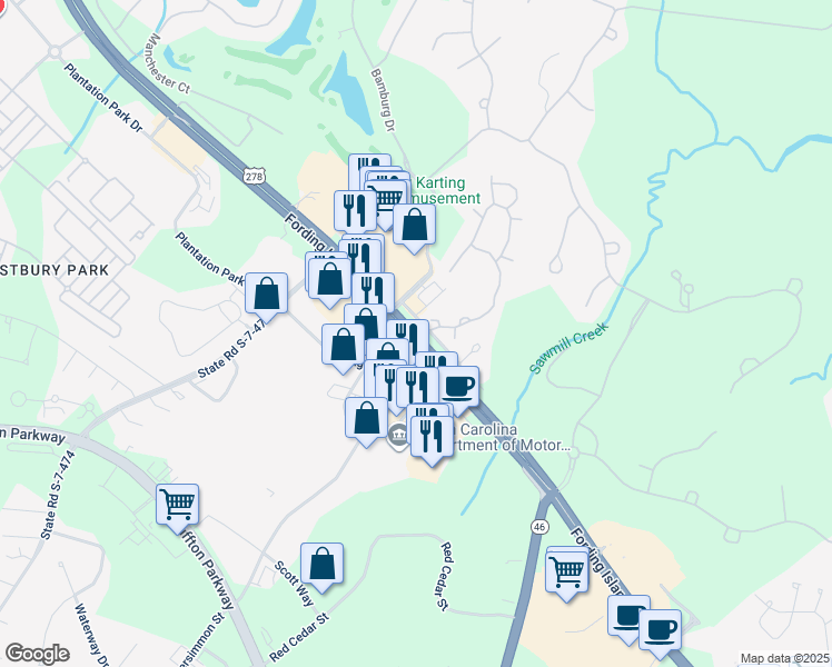 map of restaurants, bars, coffee shops, grocery stores, and more near 208 Towne Drive in Bluffton