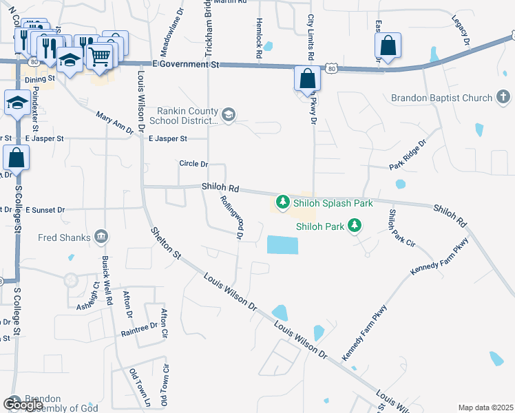 map of restaurants, bars, coffee shops, grocery stores, and more near 113 Rollingwood Drive in Brandon