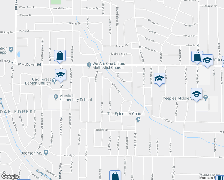 map of restaurants, bars, coffee shops, grocery stores, and more near 2821 Tara Road in Jackson