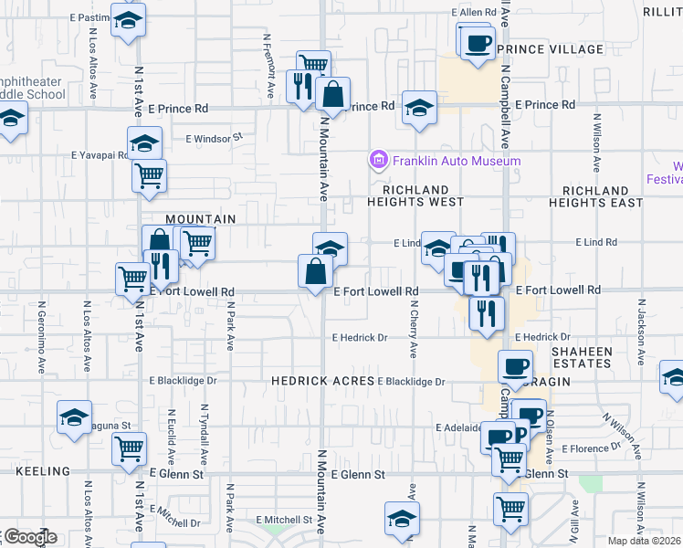 map of restaurants, bars, coffee shops, grocery stores, and more near in Tucson