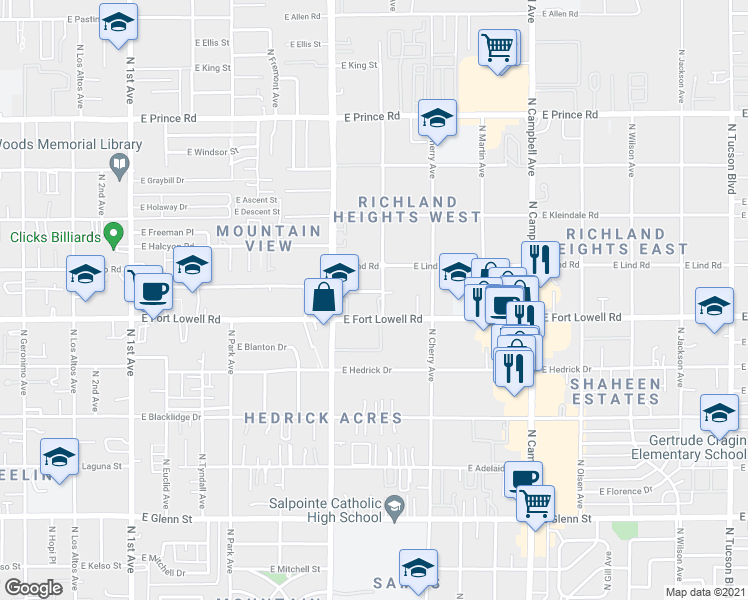 map of restaurants, bars, coffee shops, grocery stores, and more near 1355 East Fort Lowell Road in Tucson