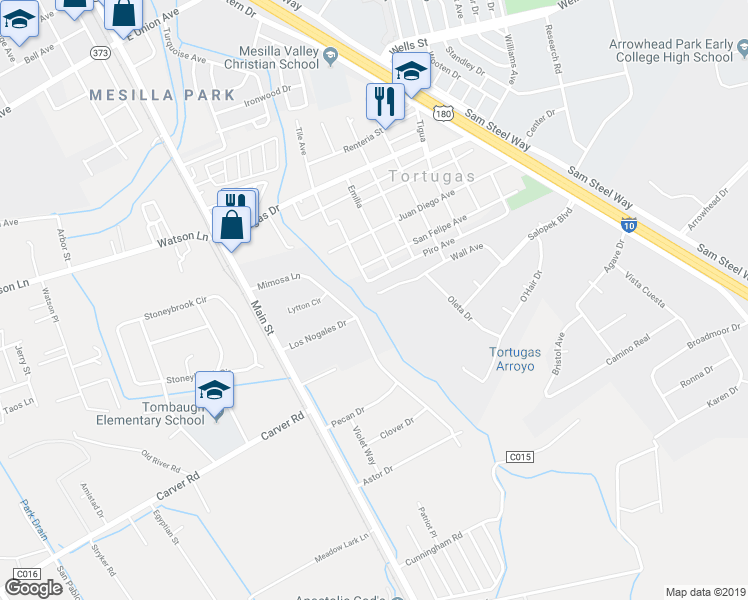 map of restaurants, bars, coffee shops, grocery stores, and more near 272 Wall Avenue in Las Cruces