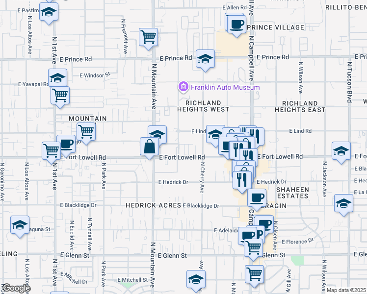 map of restaurants, bars, coffee shops, grocery stores, and more near 1357 East Fort Lowell Road in Tucson