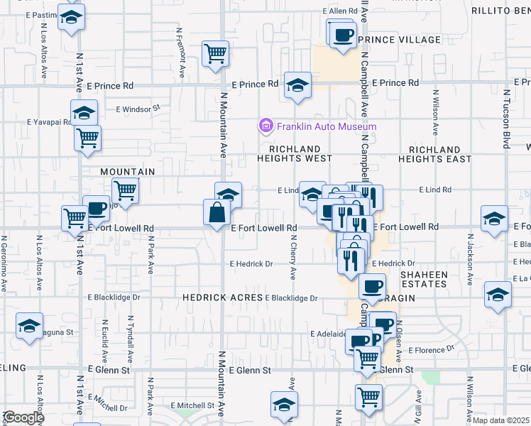 map of restaurants, bars, coffee shops, grocery stores, and more near 1417 East Fort Lowell Road in Tucson