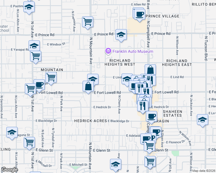 map of restaurants, bars, coffee shops, grocery stores, and more near 1417 East Fort Lowell Road in Tucson