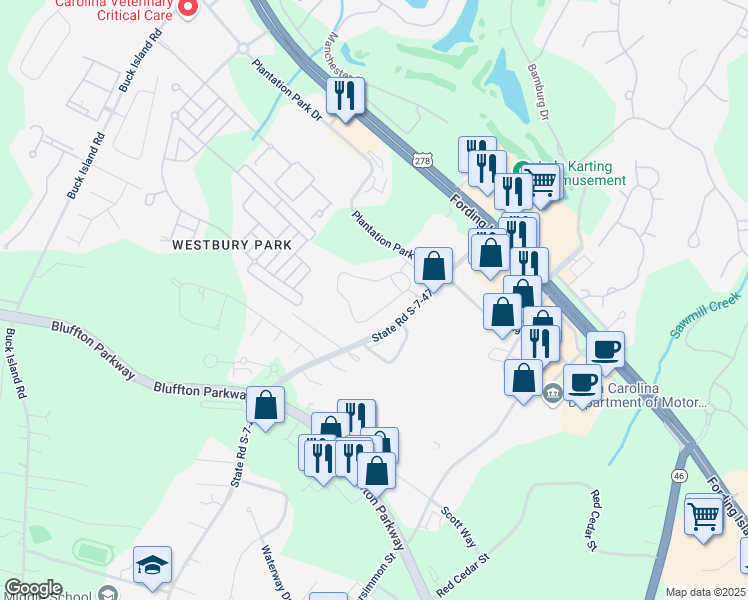 map of restaurants, bars, coffee shops, grocery stores, and more near 49 Simmonsville Rd in Bluffton