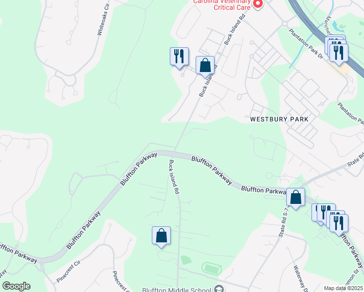 map of restaurants, bars, coffee shops, grocery stores, and more near Bluffton Pkwy in Bluffton