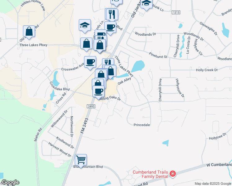 map of restaurants, bars, coffee shops, grocery stores, and more near 2176 Dueling Oaks Drive in Tyler