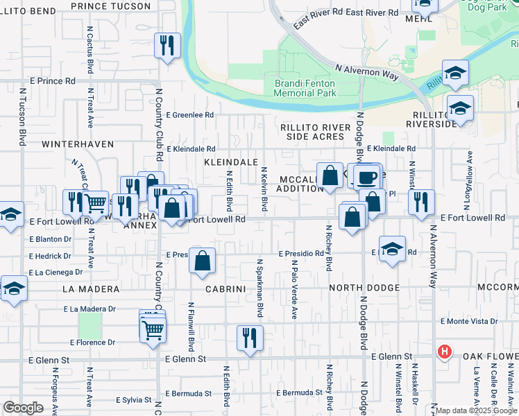 map of restaurants, bars, coffee shops, grocery stores, and more near 3402 East Fort Lowell Road in Tucson