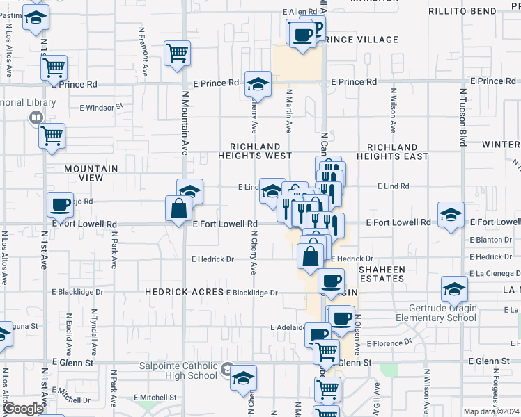map of restaurants, bars, coffee shops, grocery stores, and more near 3204 North Cherry Avenue in Tucson