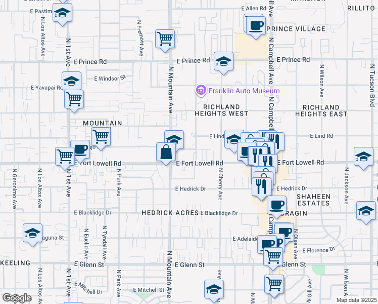 map of restaurants, bars, coffee shops, grocery stores, and more near 1357 East Fort Lowell Road in Tucson