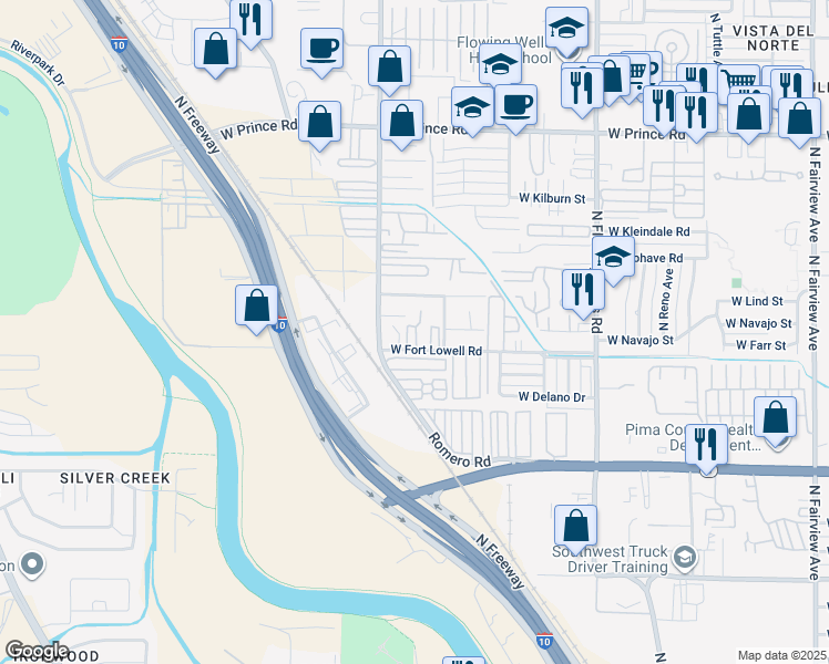 map of restaurants, bars, coffee shops, grocery stores, and more near 1730 West Fort Lowell Road in Tucson