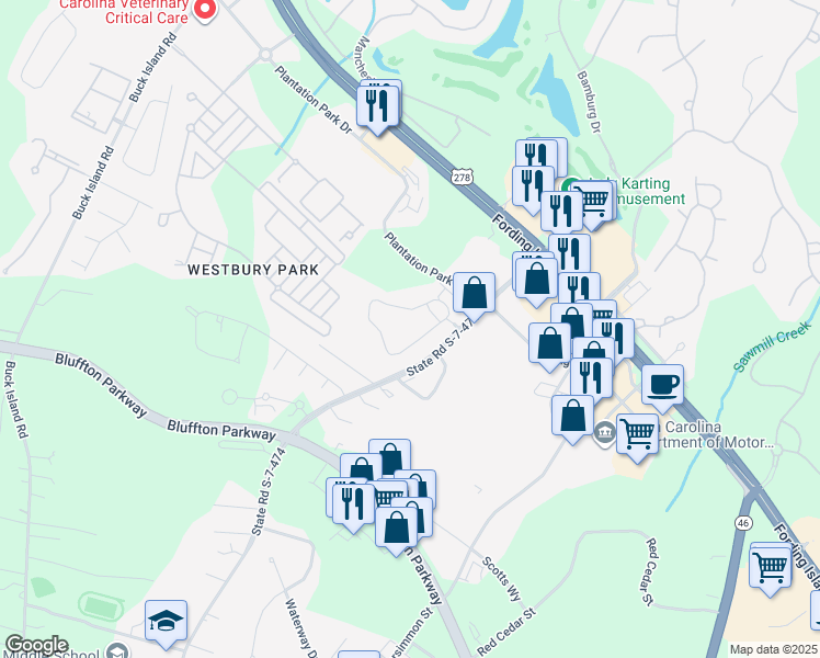 map of restaurants, bars, coffee shops, grocery stores, and more near 49 Simmonsville Rd in Bluffton