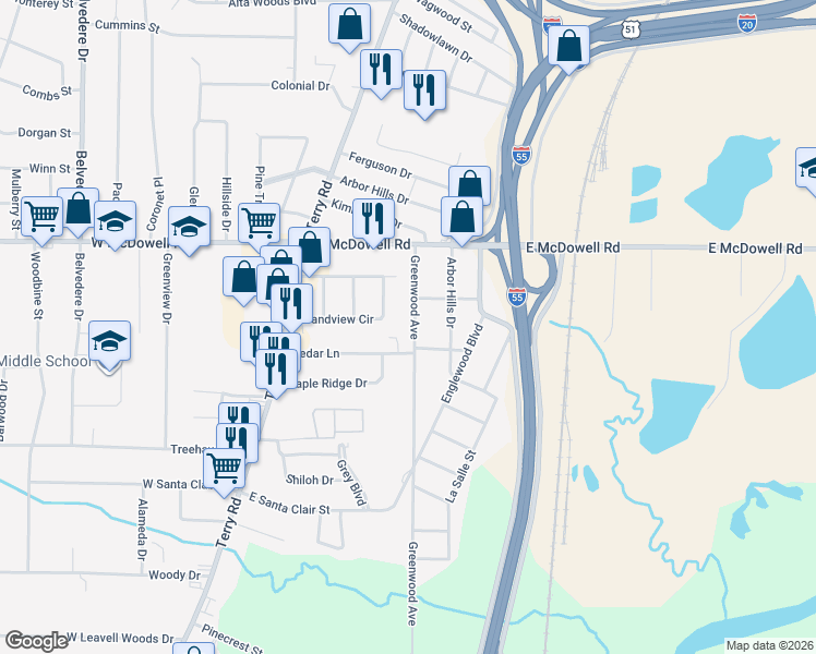 map of restaurants, bars, coffee shops, grocery stores, and more near 2887 Greenwood Avenue in Jackson