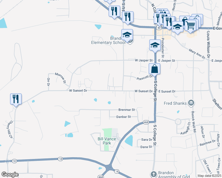 map of restaurants, bars, coffee shops, grocery stores, and more near 408 Overby Street in Brandon