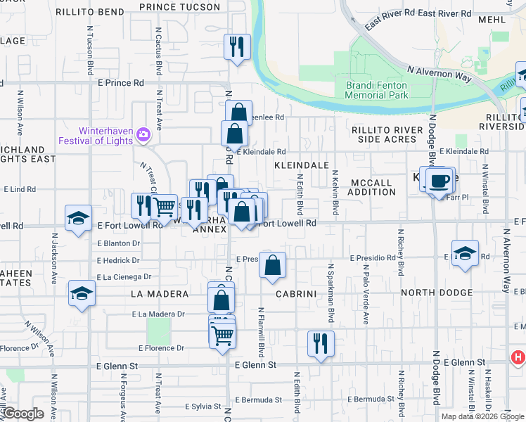 map of restaurants, bars, coffee shops, grocery stores, and more near 3177 East Fort Lowell Road in Tucson