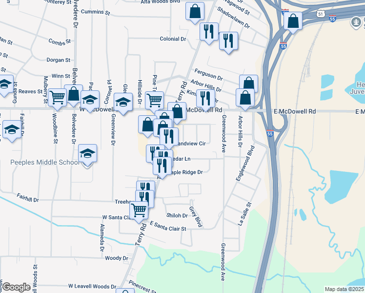 map of restaurants, bars, coffee shops, grocery stores, and more near 543 Grandview Circle in Jackson
