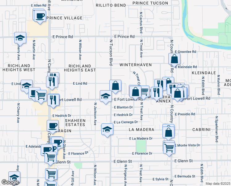 map of restaurants, bars, coffee shops, grocery stores, and more near 2545 East Fort Lowell Road in Tucson