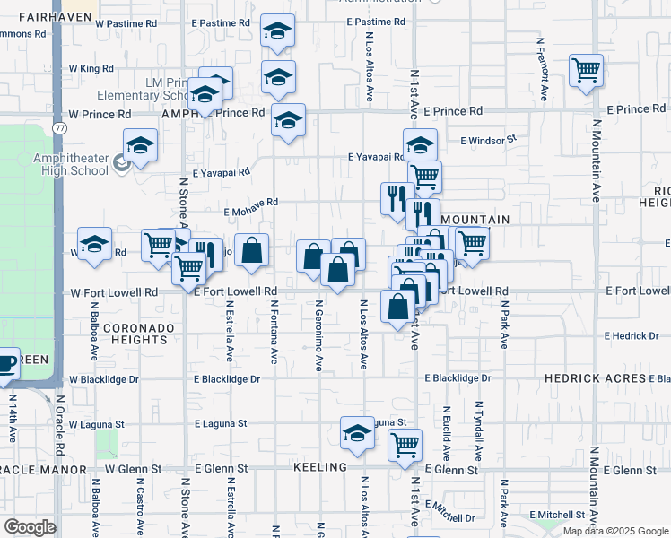 map of restaurants, bars, coffee shops, grocery stores, and more near 3244 North Geronimo Avenue in Tucson