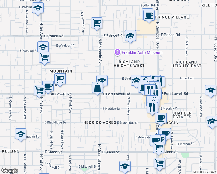 map of restaurants, bars, coffee shops, grocery stores, and more near 1357 East Fort Lowell Road in Tucson