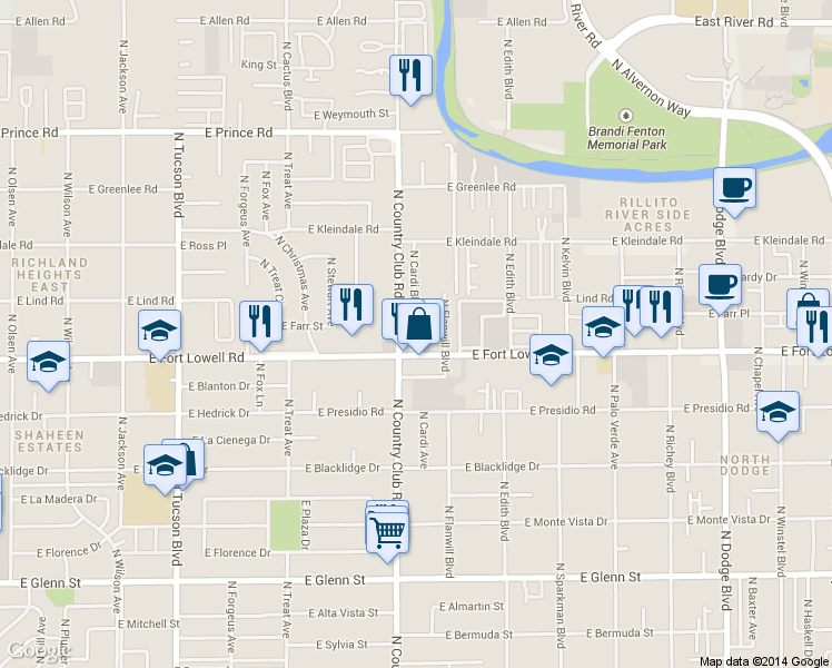 map of restaurants, bars, coffee shops, grocery stores, and more near in Tucson