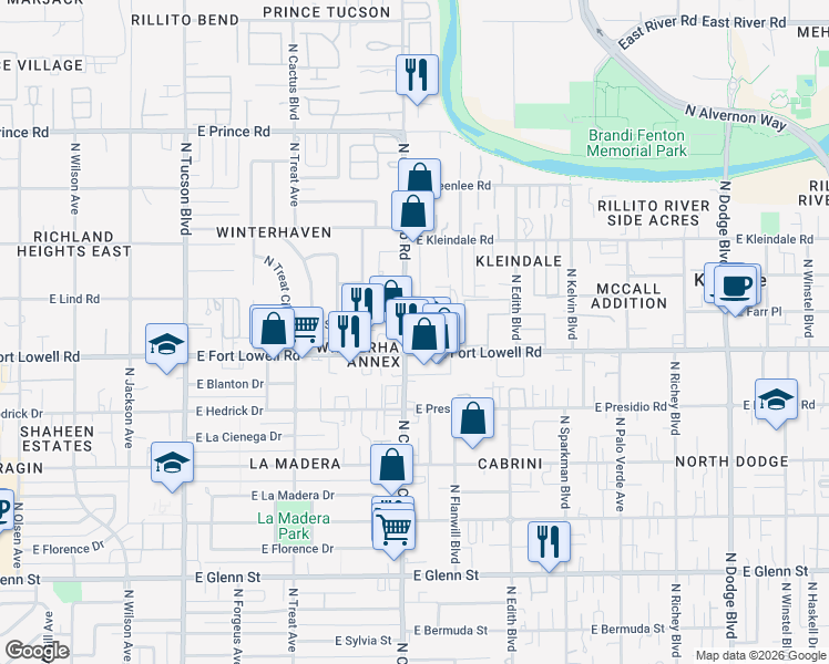 map of restaurants, bars, coffee shops, grocery stores, and more near in Tucson