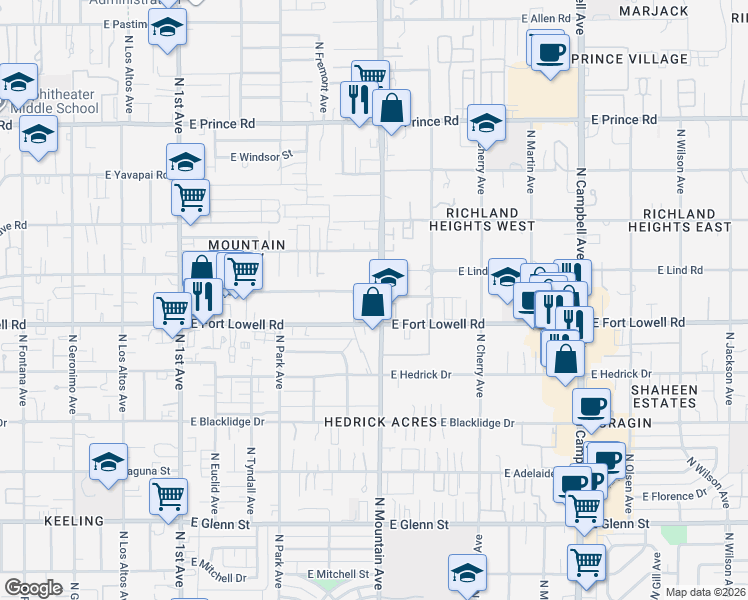map of restaurants, bars, coffee shops, grocery stores, and more near in Tucson