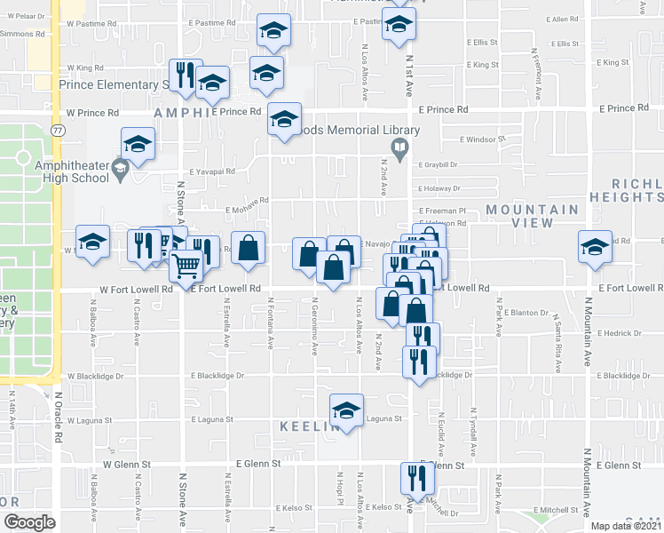 map of restaurants, bars, coffee shops, grocery stores, and more near 401 East Fort Lowell Road in Tucson
