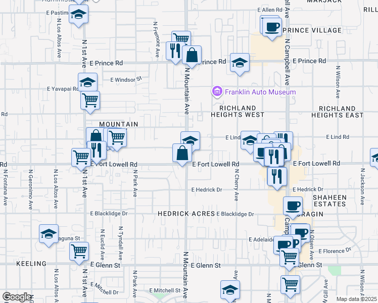 map of restaurants, bars, coffee shops, grocery stores, and more near in Tucson