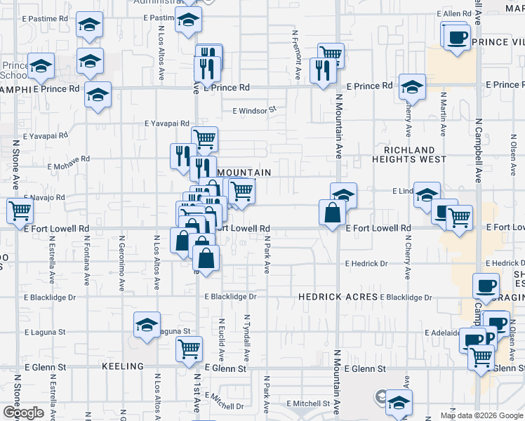 map of restaurants, bars, coffee shops, grocery stores, and more near 936 East Navajo Road in Tucson