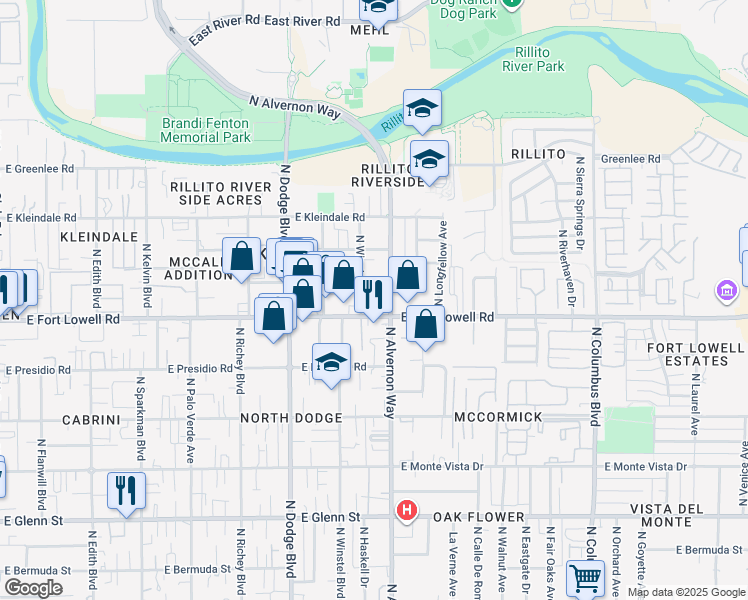 map of restaurants, bars, coffee shops, grocery stores, and more near in Tucson