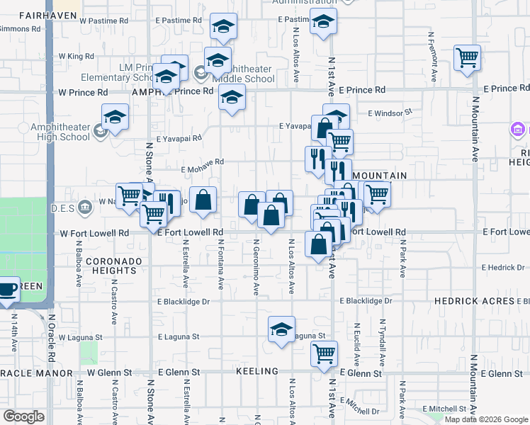 map of restaurants, bars, coffee shops, grocery stores, and more near 3290 North Geronimo Avenue in Tucson