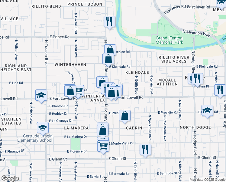 map of restaurants, bars, coffee shops, grocery stores, and more near 3202 North Country Club Road in Tucson