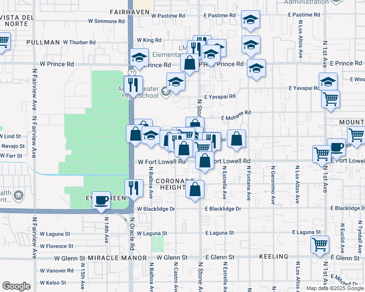 map of restaurants, bars, coffee shops, grocery stores, and more near 104 West Navajo Road in Tucson
