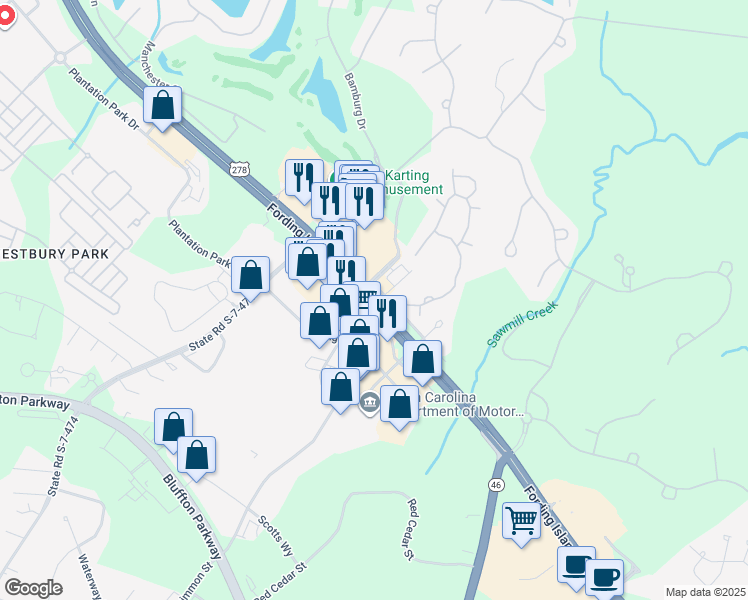 map of restaurants, bars, coffee shops, grocery stores, and more near 9 Oak Forest Road in Bluffton