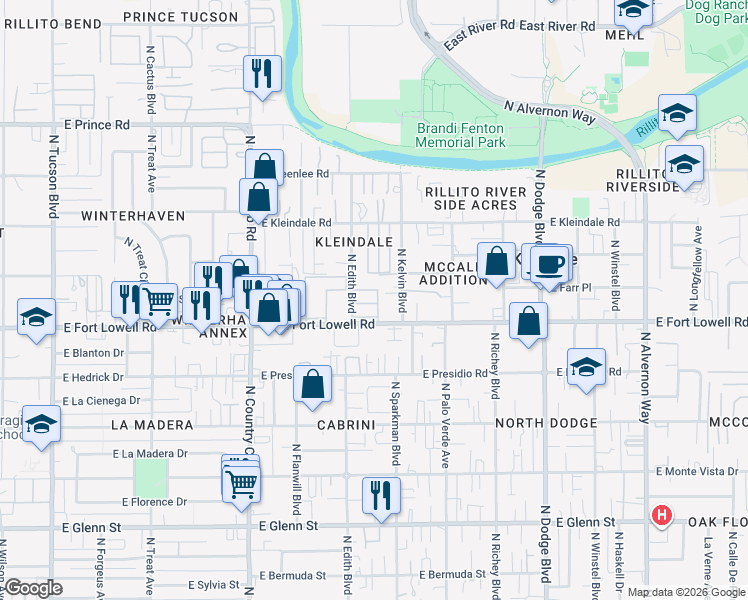 map of restaurants, bars, coffee shops, grocery stores, and more near 3315 East Farr Place in Tucson
