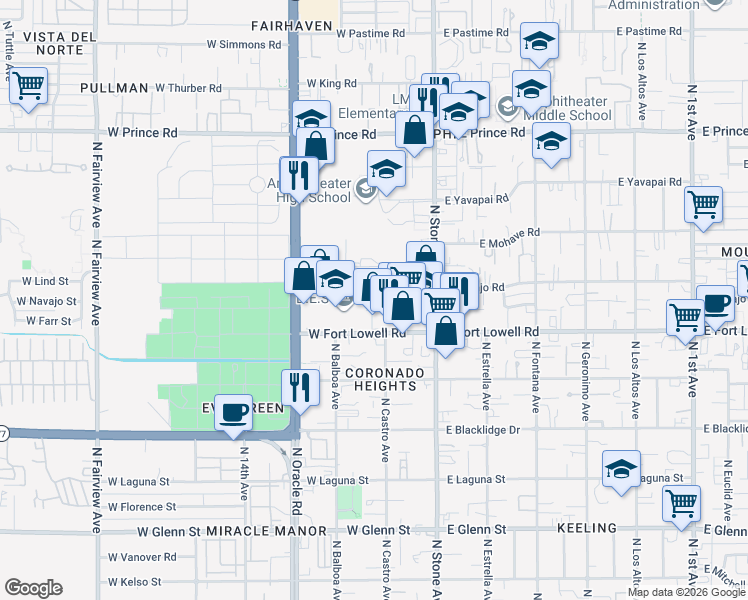 map of restaurants, bars, coffee shops, grocery stores, and more near 202 West Navajo Road in Tucson