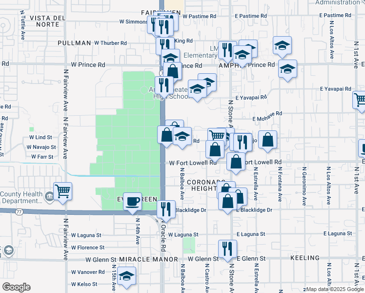 map of restaurants, bars, coffee shops, grocery stores, and more near 266 West Navajo Road in Tucson