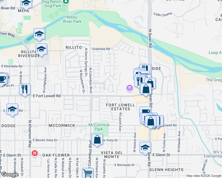 map of restaurants, bars, coffee shops, grocery stores, and more near 3239 North Mill Avenue in Tucson