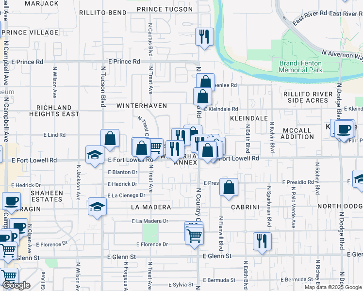 map of restaurants, bars, coffee shops, grocery stores, and more near 2901 East Fort Lowell Road in Tucson