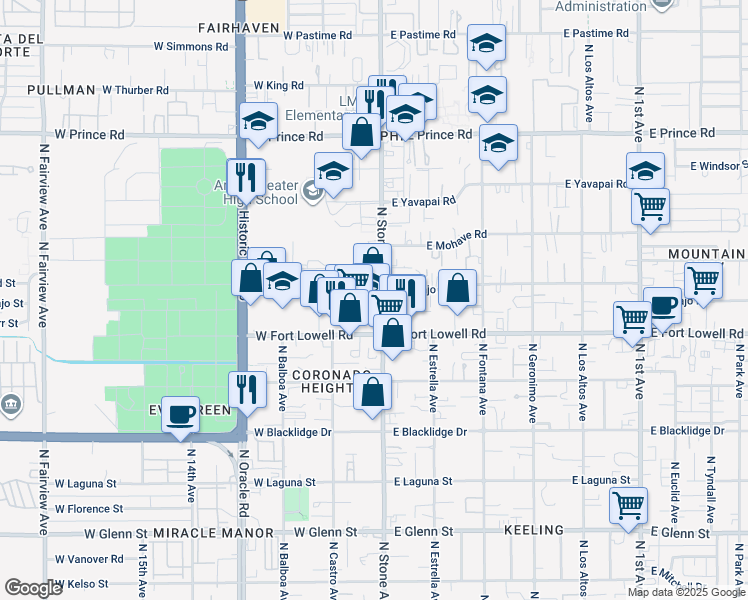 map of restaurants, bars, coffee shops, grocery stores, and more near 104 West Navajo Road in Tucson