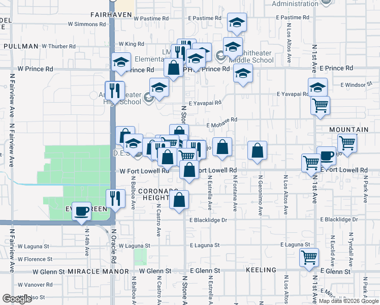 map of restaurants, bars, coffee shops, grocery stores, and more near 1 East Navajo Road in Tucson