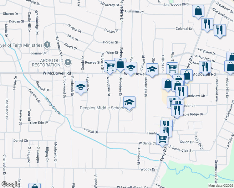 map of restaurants, bars, coffee shops, grocery stores, and more near 2655 Belvedere Drive in Jackson