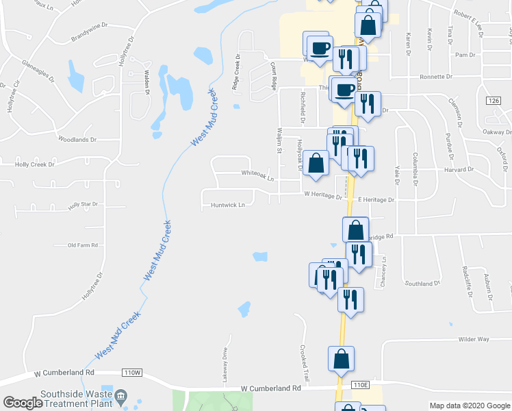 map of restaurants, bars, coffee shops, grocery stores, and more near 7614 Huntwick Lane in Tyler