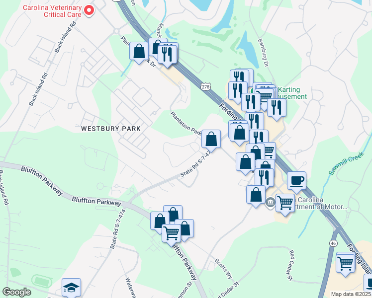 map of restaurants, bars, coffee shops, grocery stores, and more near 20 Simmonsville Road in Bluffton