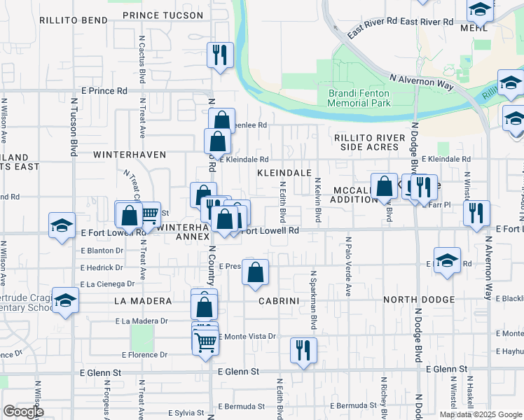 map of restaurants, bars, coffee shops, grocery stores, and more near 3201 East Fort Lowell Road in Tucson