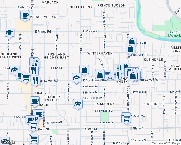 map of restaurants, bars, coffee shops, grocery stores, and more near 2530 East Lind Road in Tucson
