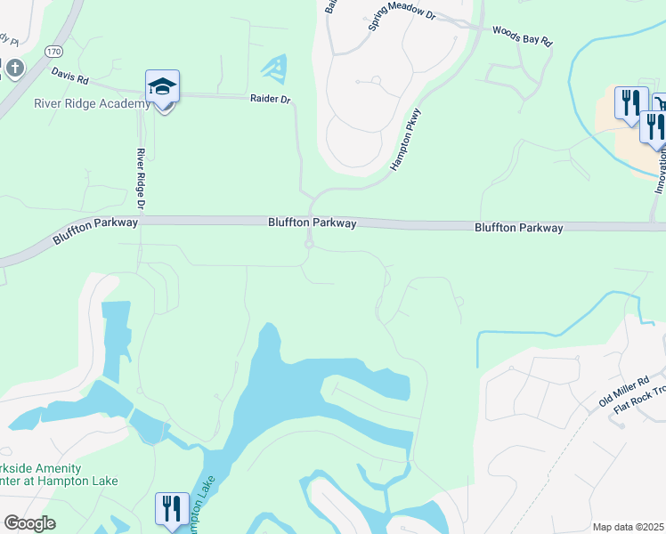 map of restaurants, bars, coffee shops, grocery stores, and more near 7 Hampton Lake Drive in Bluffton