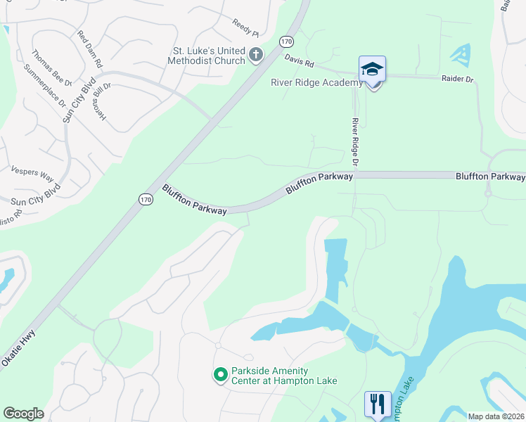 map of restaurants, bars, coffee shops, grocery stores, and more near 101 Station Parkway in Bluffton